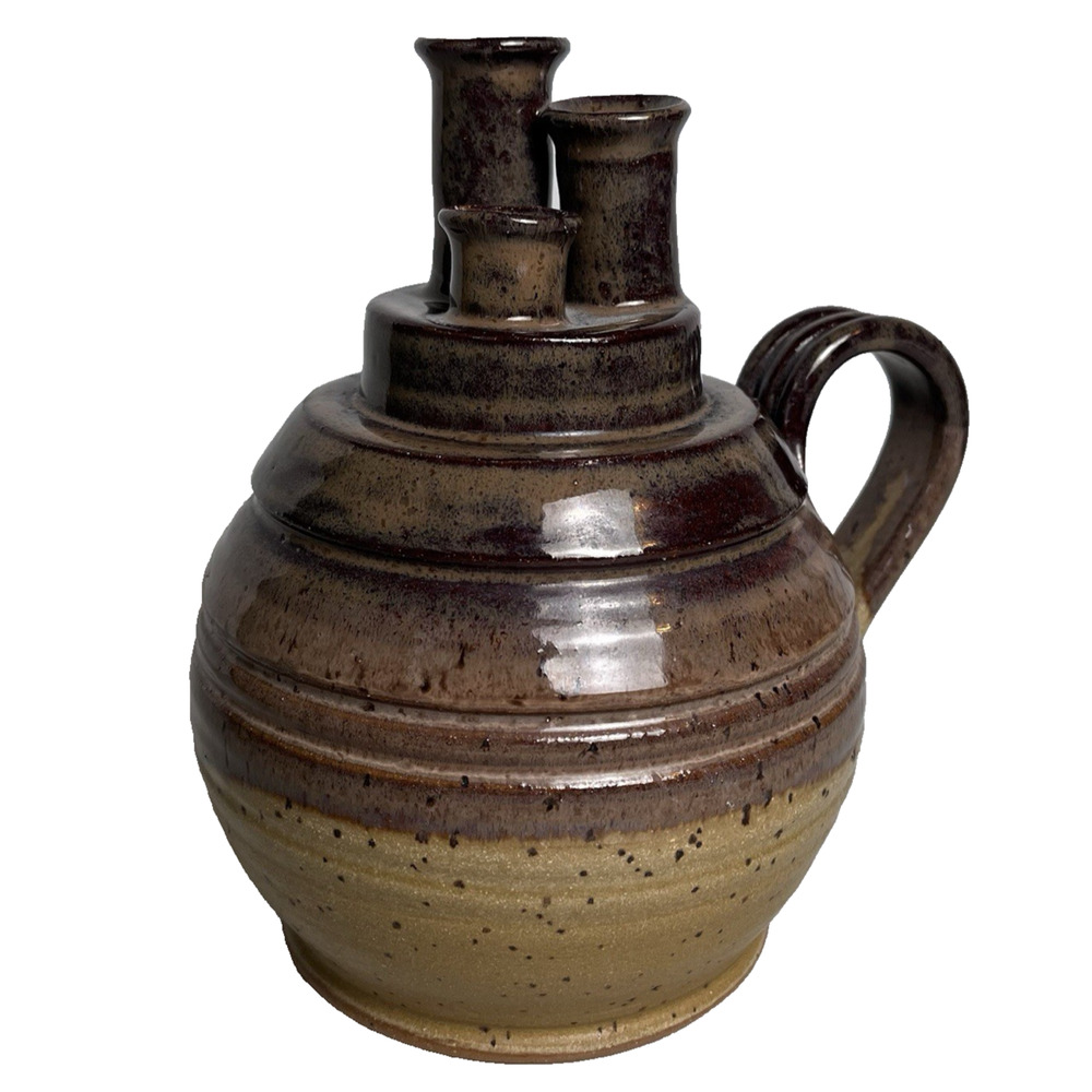 Pottery Studio Art Three Wick Handled Oil Lamp Signed 7" Artist Signed Paige